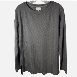 Melloday Women Grey Striped Long Sleeve Boat Neck Side Slit tunic Top Ribbed NEW
